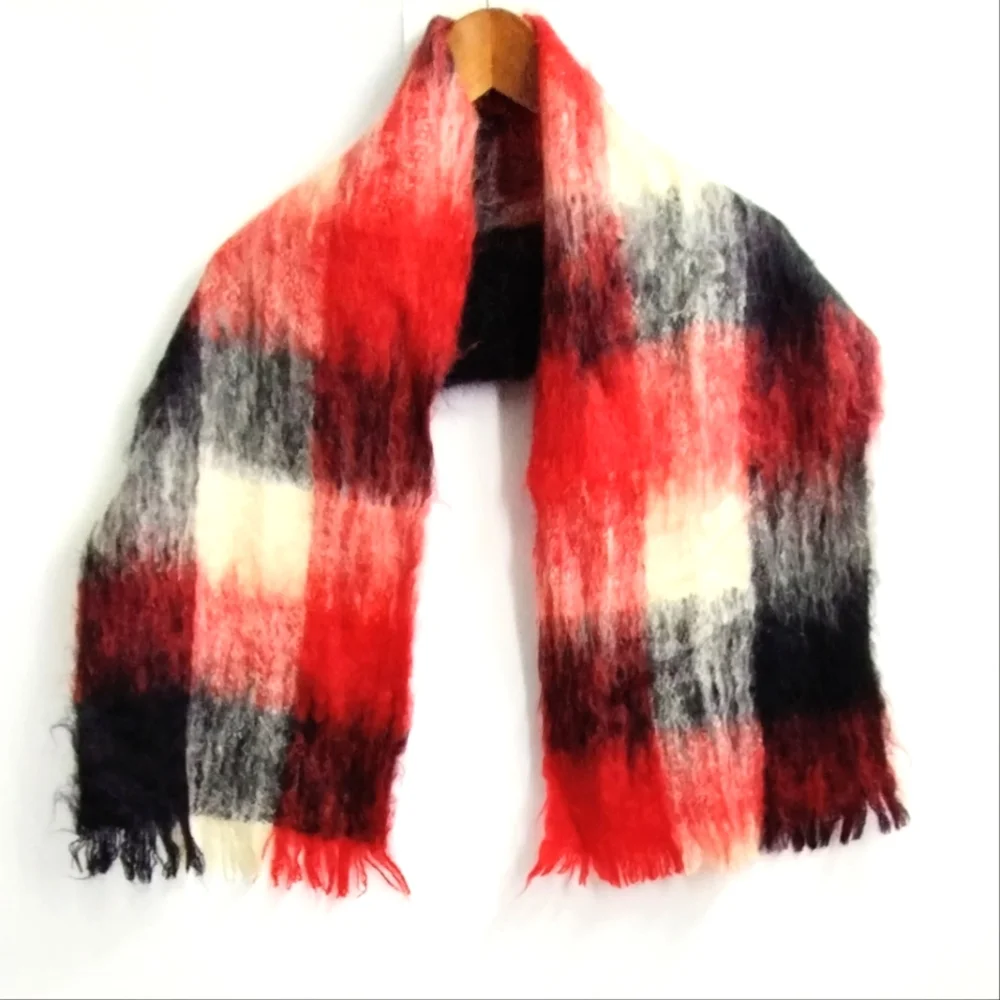 Vintage Mohair Blend Buffalo Plaid‎ Red and Black Scarf